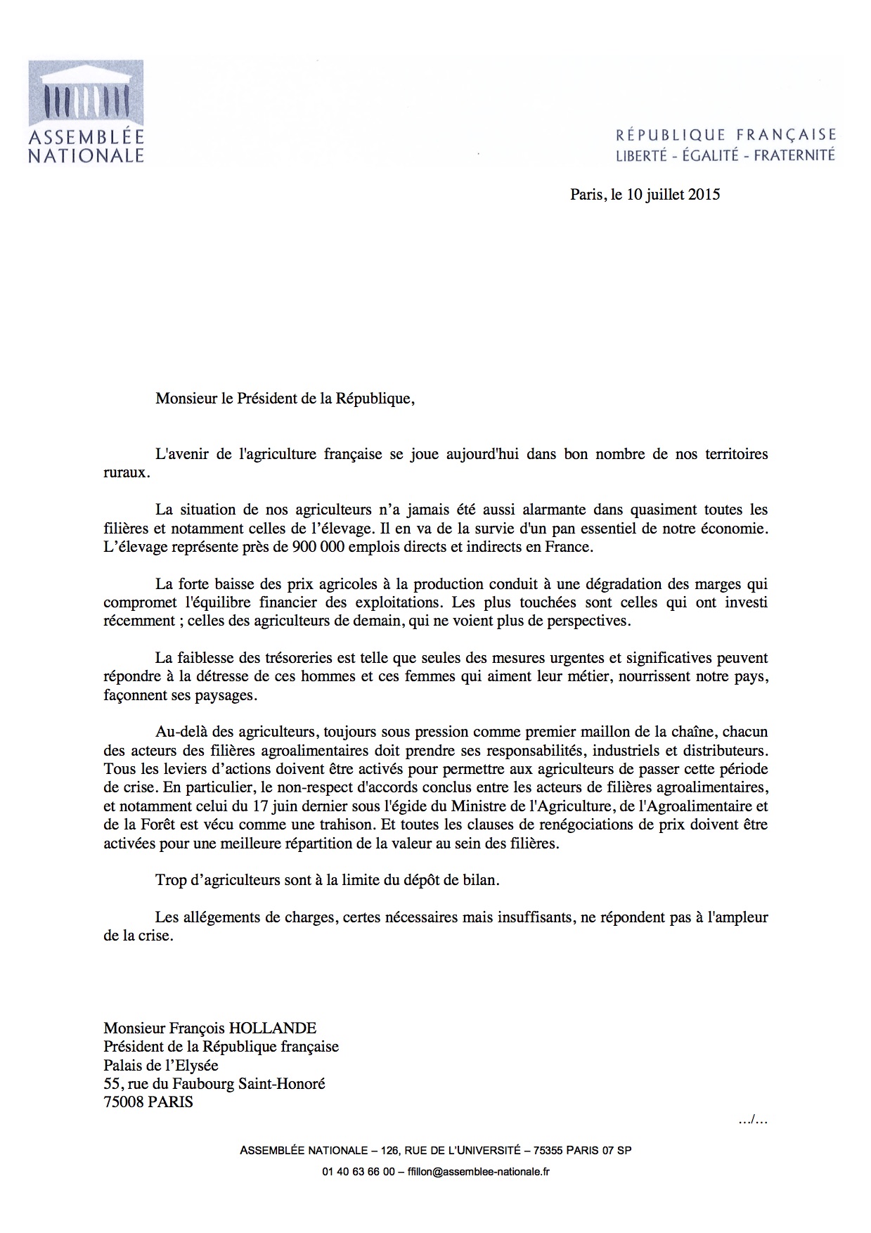 20150723Courrier agriculture Fillon Président de la République1